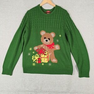 My Christmas Party Sweater Green Teddy Bear Holiday Cable Knit Mens‎ Large
